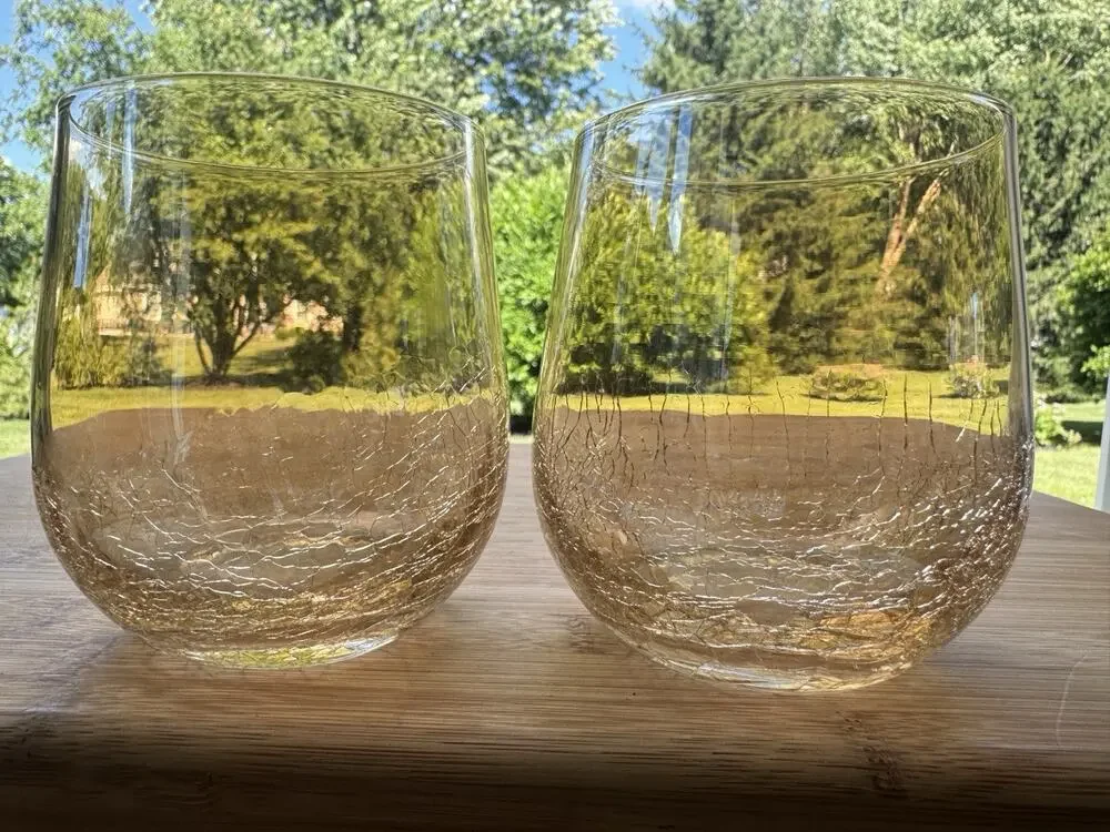 Pier 1 Amber Crackle Golden Luster Stemless Wine / Lowball Tumbler Glass~ 2 Pc